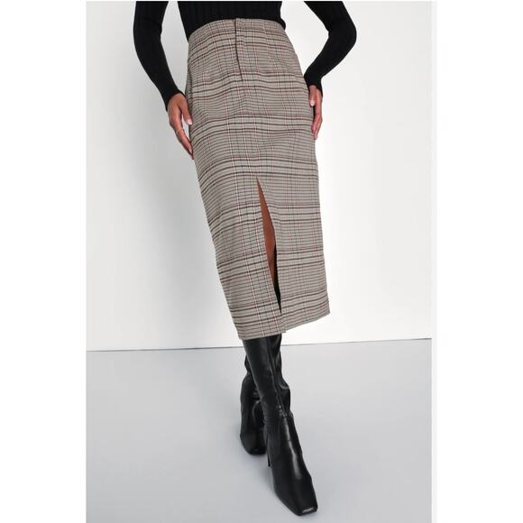 Lulu's Perfect Study Brown Plaid High-Rise Midi Skirt- Women's Size Medium - Picture 2 of 5